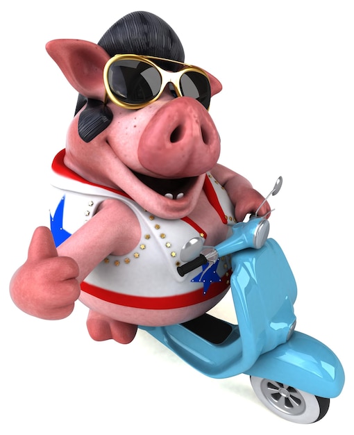Ilustração divertida de desenho animado 3D de um porco balançador