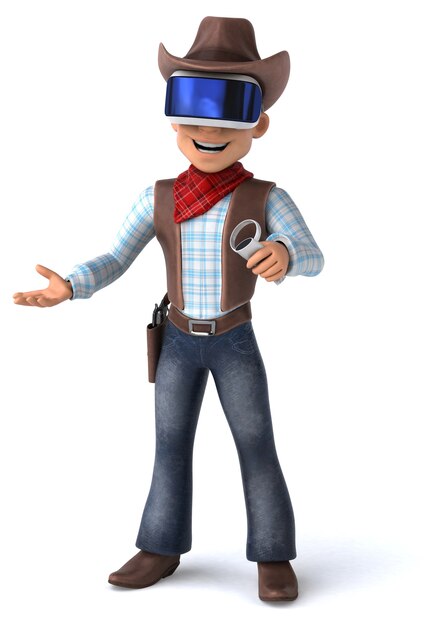 Ilustração divertida de um cowboy com um capacete de realidade virtual