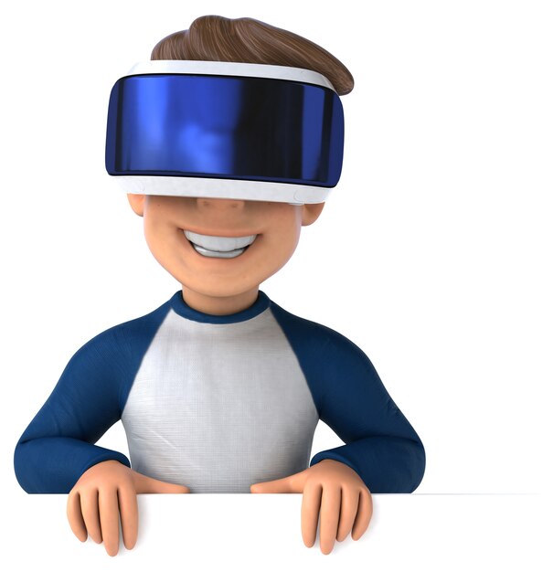 Ilustração divertida de um garoto de desenho animado com um capacete de realidade virtual