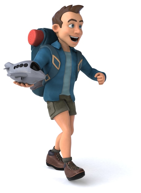 Ilustração divertida de um mochileiro de desenho animado em 3D