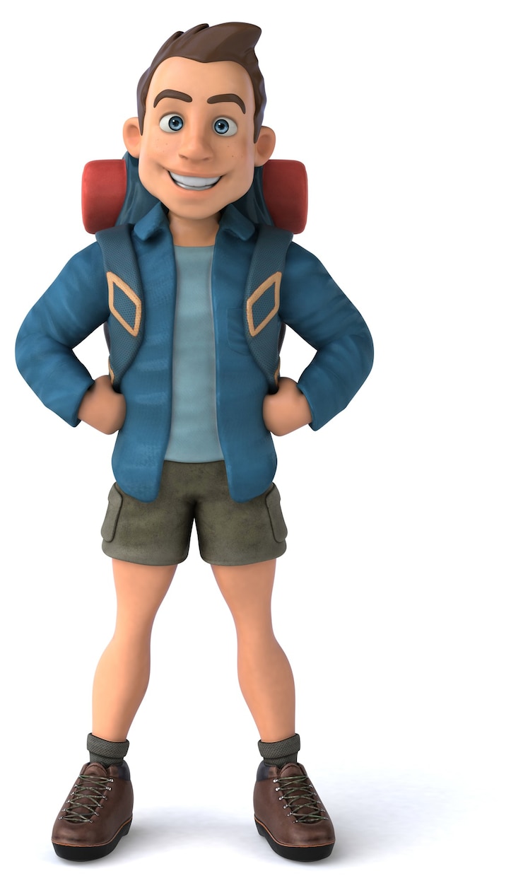 Foto ilustração divertida de um mochileiro de desenho animado em 3d