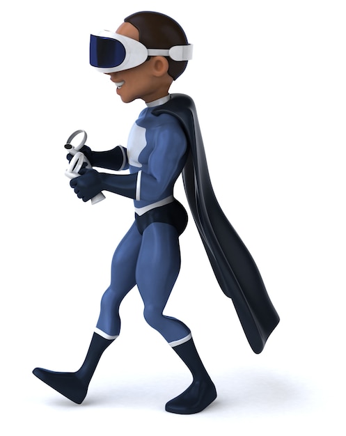 Ilustração divertida de um super-herói com um capacete de realidade virtual