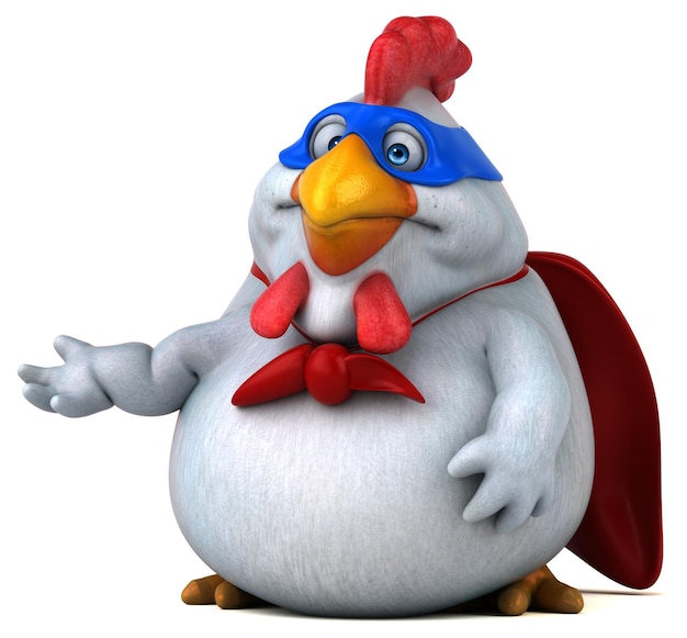 Ilustração divertida dos desenhos animados em 3D de um super-herói de galinha