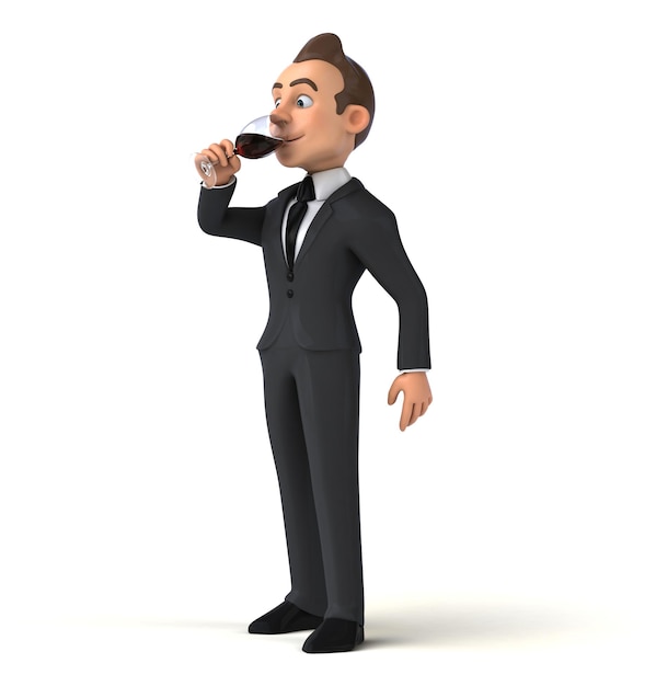 Ilustração divertida em 3D de um homem de negócios com um copo de vinho