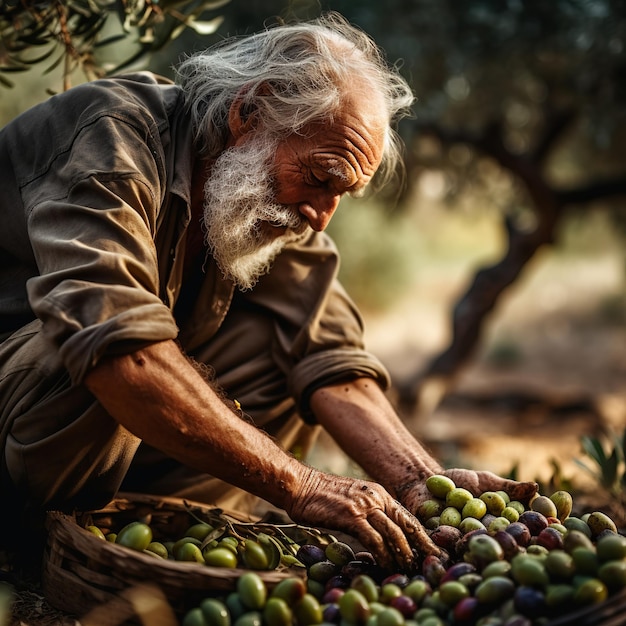 ilustração do agricultor colhe azeitonas das oliveiras Olive