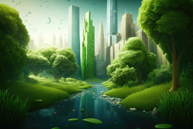 Ilustração do ambientalismo em uma metrópole verde idealizada