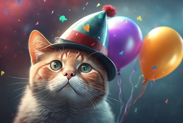 Ilustração do aniversário de um gato fofo com AI generativa de chapéu e balão