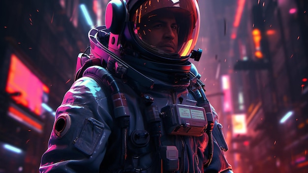 Ilustração do astronauta em uma cidade cyberpunk futurística iluminada por néon