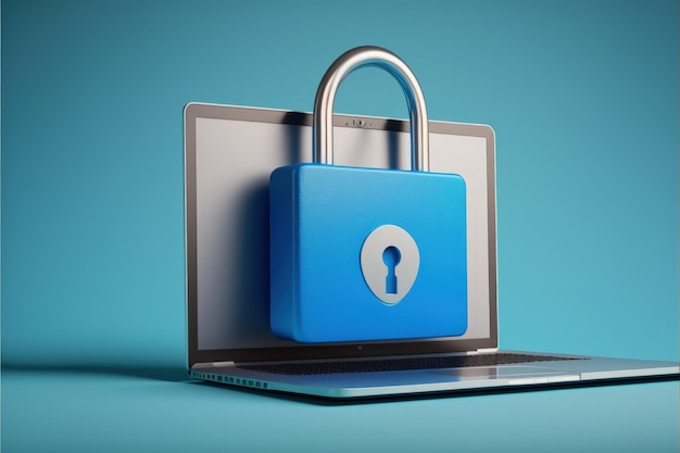Ilustração do cadeado azul com o conceito de segurança de dados de fundo azul do laptop Generative AI