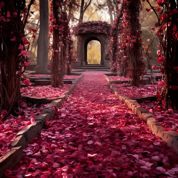 Foto ilustração do caminho com lindas pétalas de rosa