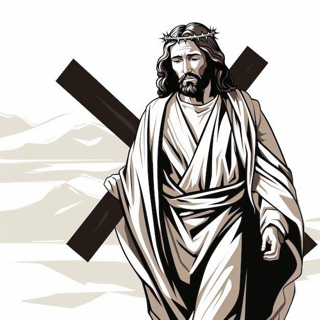 Ilustração do cargo divino de jesus cristo carregando a cruz em branco