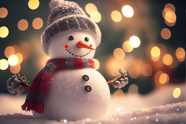 Ilustração do cartão do conceito do Feliz Natal de um boneco de neve com um fundo das luzes do bokeh Generative AI