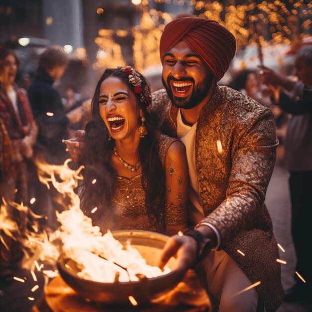 Ilustração do casal indiano Lohri celebração