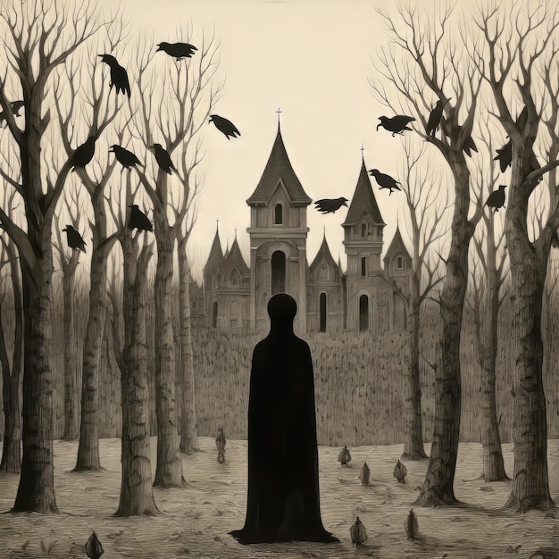 Foto ilustração do castelo gótico com corvos voadores anton semenov inspirou a arte