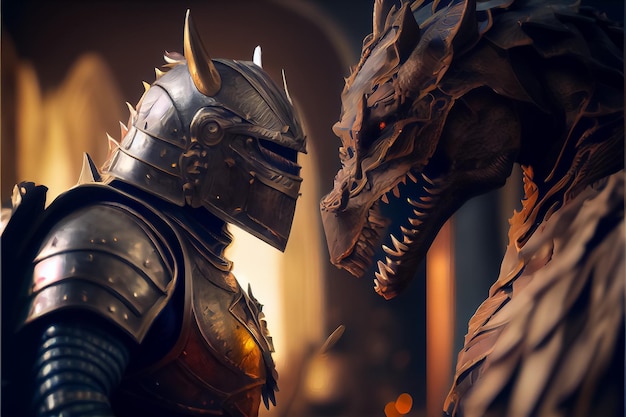 Ilustração do cavaleiro e do dragão no conto mágico olham um para o outro olhos AI