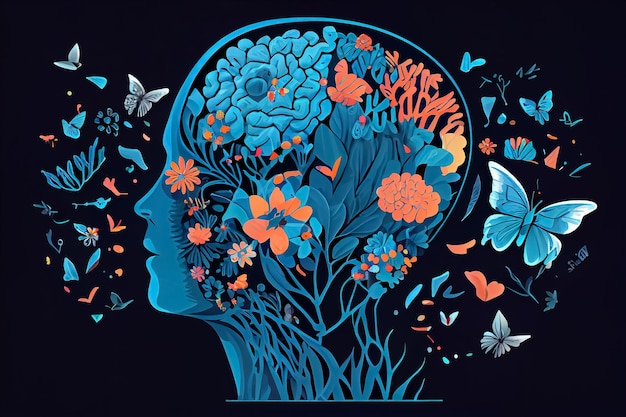 Ilustração do cérebro humano com flores dia mundial da saúde mental e física AI