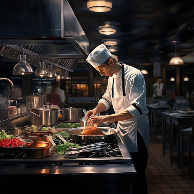 ilustração do chef preparando comida em uma grande cozinha profissional
