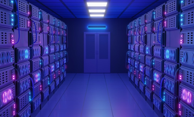 Ilustração do conceito 3D do data center Cluster de servidores poderosos