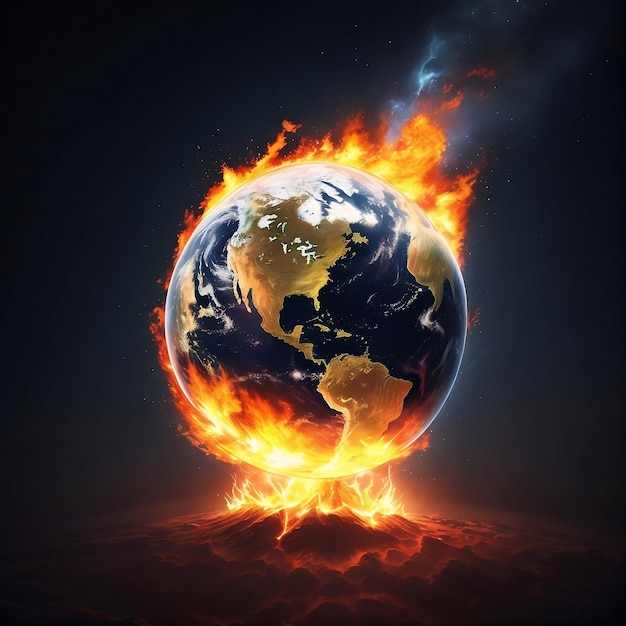 ilustração do conceito de aquecimento global planeta Terra com efeito ardente em fundo escuro