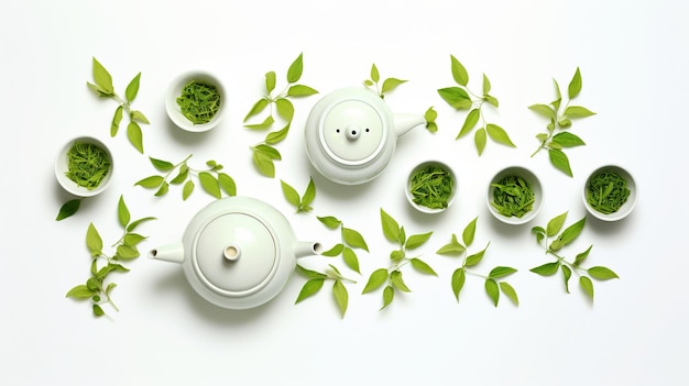 ilustração do conceito de chá de ervas com copos de chá brancos, chaleira, fundo branco