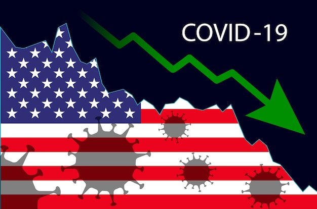 Ilustração do conceito de declínio na incidência do vírus covid, seta verde para baixo, bandeira dos EUA