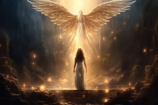 Ilustração do conceito de fé sagrada de milagre religioso Visão traseira de uma silhueta de uma mulher e um anjo com asas