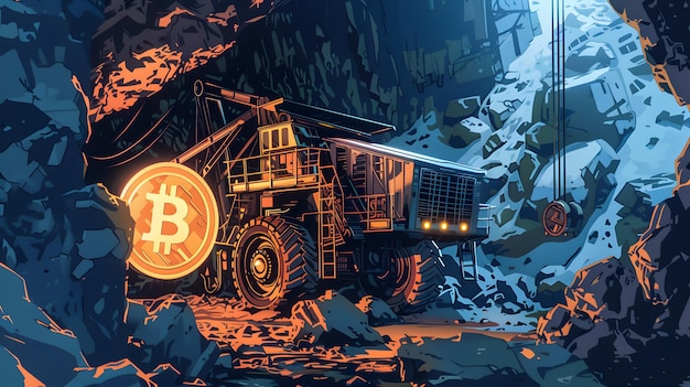 Ilustração do conceito de mineração de Bitcoin para dinheiro virtual de minerador de criptomoedas