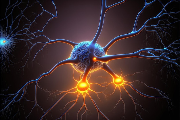 Ilustração do conceito de rede neural de células cerebrais de neurônios criada por IA generativa