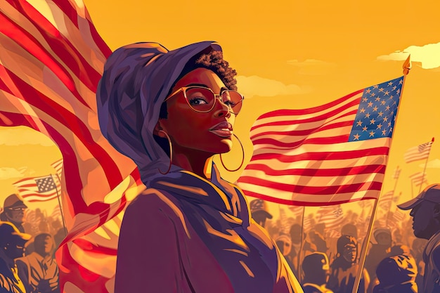 Foto ilustração do conceito feminista celebrando as mulheres afro-americanas do dia da independência dos estados unidos