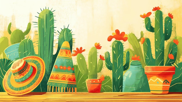 Ilustração do conceito mexicano com chapéu de cacto Cinco de Mayo