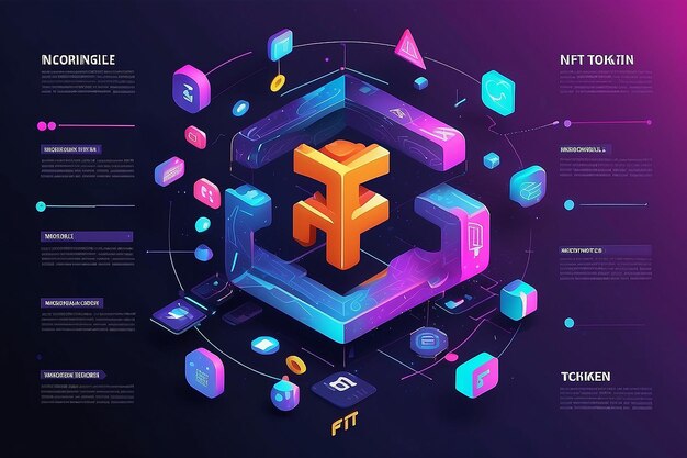 Ilustração do conceito NFT Infográfico de token não fungível Texto de design de banner com elementos gráficos abstratos