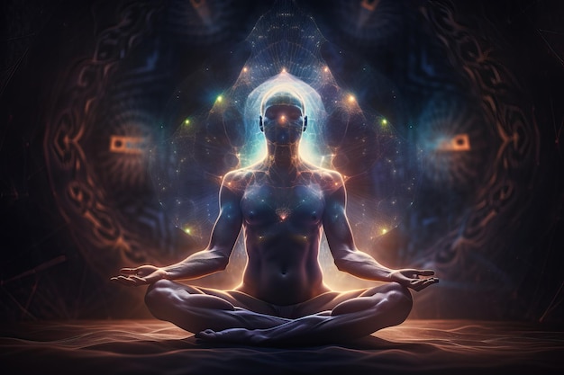 Ilustração do corpo astral da espiritualidade meditativa humana com raios de luz gerados por IA