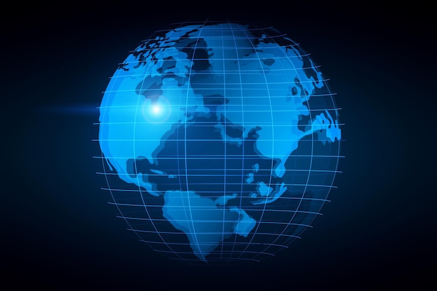 Ilustração do desenho do holograma do globo mundial em fundo escuro O conceito de renderização 3d de conexões internacionais