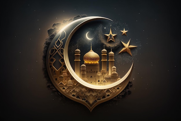 Ilustração do design da lua crescente crescente que dará início ao mês sagrado do ramadã gerado por IA