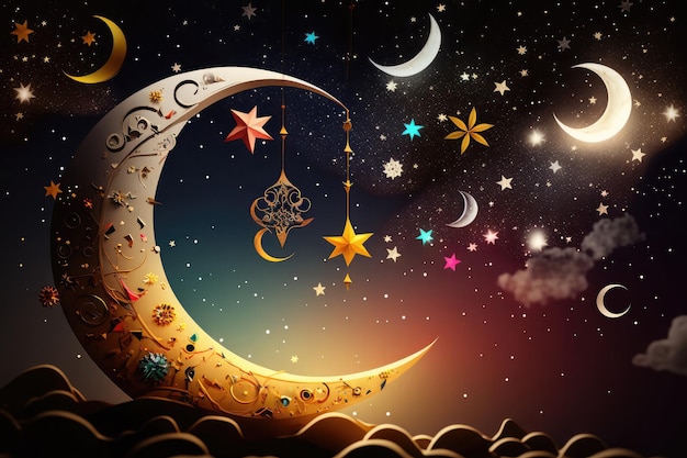 Ilustração do design da lua crescente crescente que dará início ao mês sagrado do ramadã gerado por IA
