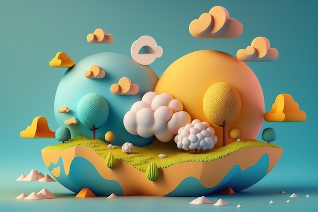 ilustração do dia da terra paisagem de estilo bonito 3D, artesanato bonito, estilo de tricô