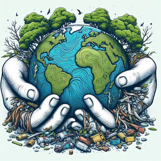 Ilustração do Dia da Terra Salve a Terra Um desenho de uma mão segurando o globo fixando com uma árvore verde