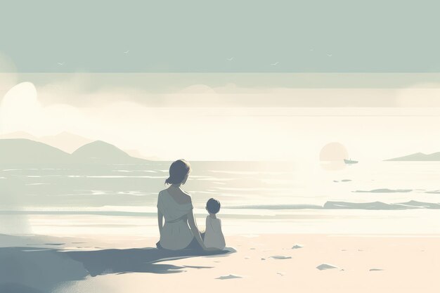 Ilustração do Dia das Mães com estilo minimalista mãe e filho desfrutando de um dia tranquilo na praia