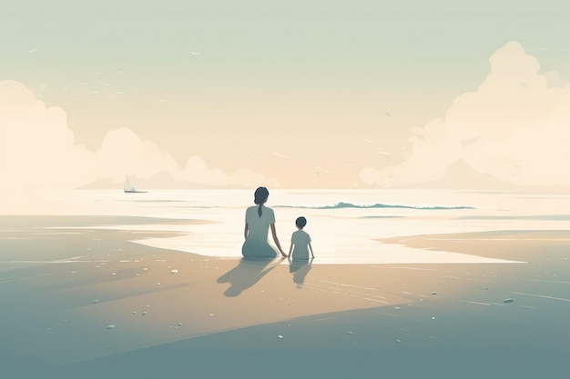 Ilustração do Dia das Mães com estilo minimalista mãe e filho desfrutando de um dia tranquilo na praia