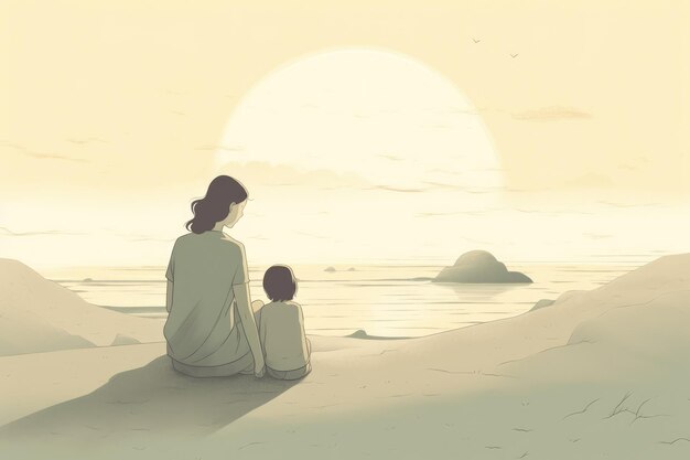 Ilustração do Dia das Mães com estilo minimalista mãe e filho desfrutando de um dia tranquilo na praia