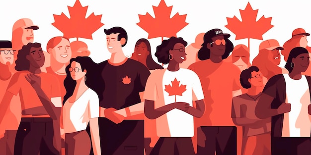 Ilustração do Dia do Feliz Canadá de Pessoas com a bandeira do Canadá