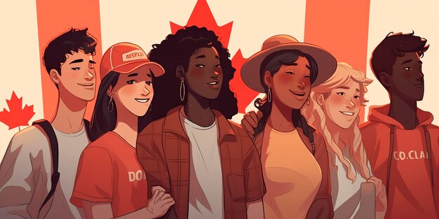 Ilustração do Dia do Feliz Canadá de Pessoas com a bandeira do Canadá