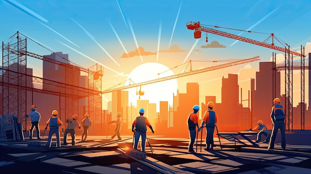 Ilustração do Dia do Trabalho de trabalhadores do canteiro de obras de construtores e trabalho para cartaz