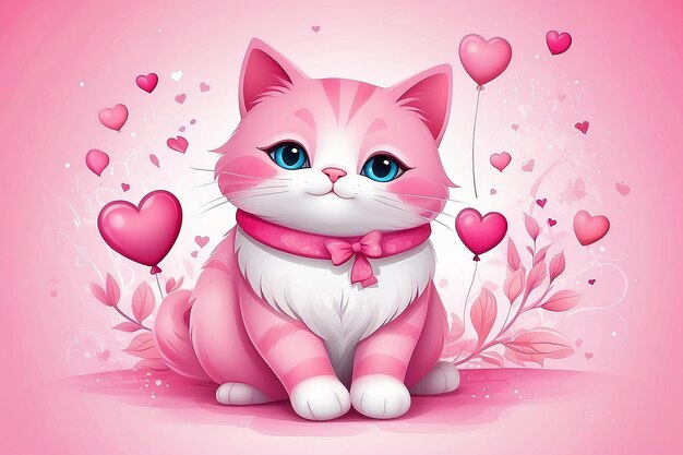 Ilustração do Dia dos Namorados com um gato rosa bonito em fundo de amor adequado para cartão de convite de valentine cartão de saudação e