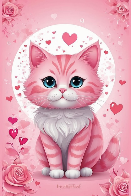 Ilustração do Dia dos Namorados com um gato rosa bonito em fundo de amor adequado para cartão de convite de valentine cartão de saudação e