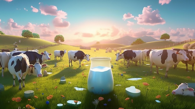 Ilustração do dia mundial do leite com campo de vaca em segundo plano com garrafa de leite Generative Ai