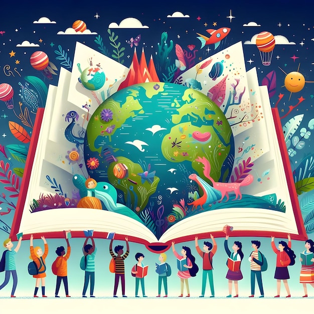 Ilustração do Dia Mundial do Livro Plano Livro aberto com um mundo de fantasia surgindo IA gerativa