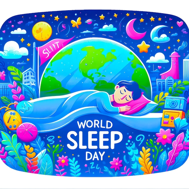 Foto ilustração do dia mundial do sono com pessoas dormindo sonhando e desfrutando
