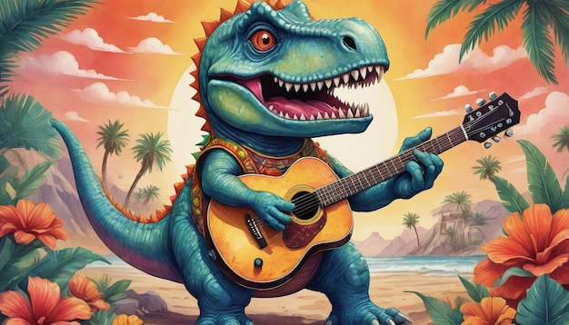 Ilustração do dinossauro Cinco De Mayo com guitarra