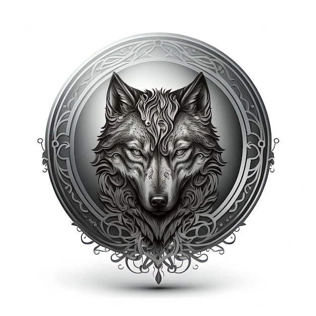 Ilustração do emblema, amuleto de lobo no círculo de prata, logotipo, fundo branco. IA generativa